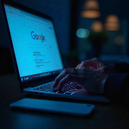 Woman searching on google while using laptop